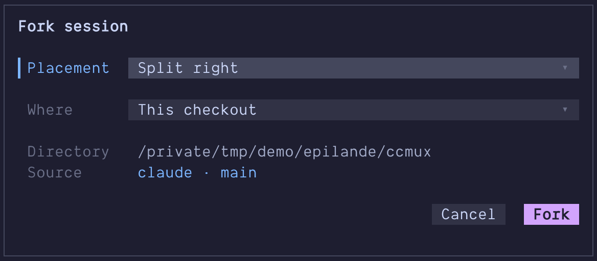 ccmux Fork session dialog