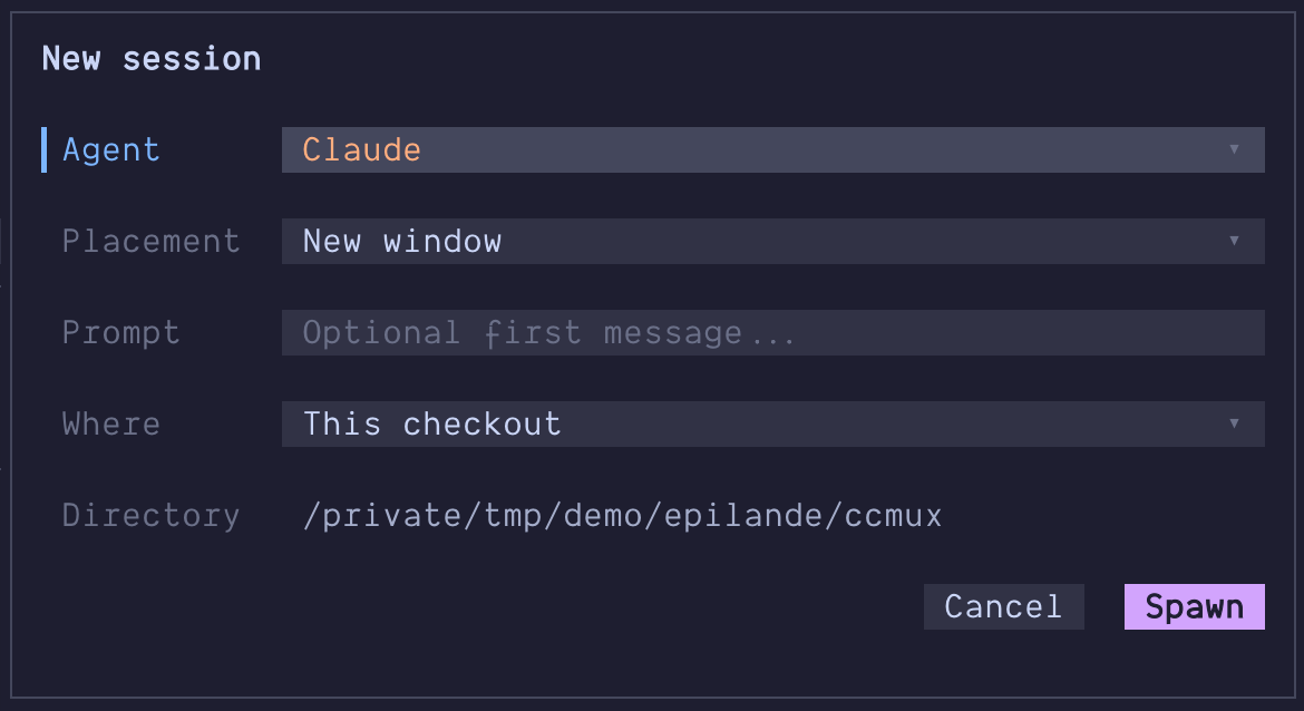 ccmux new-session dialog