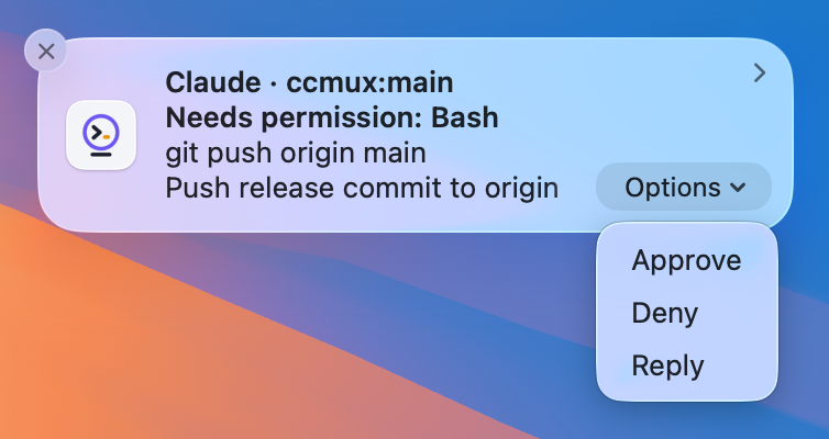 ccmux notification with Approve / Deny / Reply buttons for a permission prompt